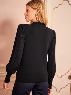 Noir - Pull Love & Roses en maille à col noué