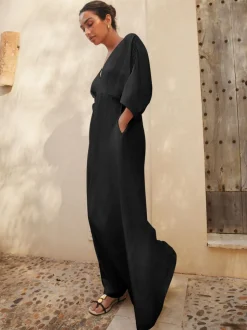 Noir - Robe longue caftan en jersey