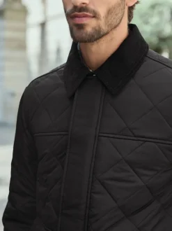 Noir - Résistant à la douche Diamond Quilt Corduroy Col Veste
