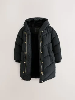 Noir - Résistant à la douche Faux Fur Lined À capuche Doudounes (3-16yrs)