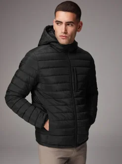 Noir - Résistant à la douche Lightweight Hooded Puffer Coat Veste