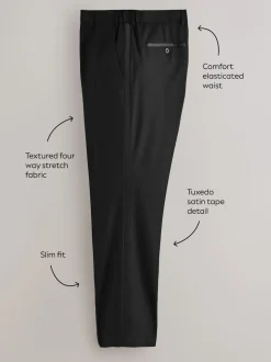 Noir - Slim Fit (Slim Fit) - Pantalons de smoking texturés Motionflex avec bande latérale