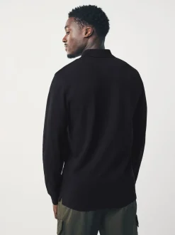 Noir - Slim Fit (Slim Fit) - Polo à manches longues en piqué