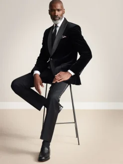 Noir - Slim Fit (Slim Fit) - Blazer Signature Pontoglio en velours italien avec revers châle