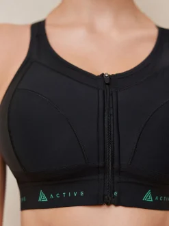 Noir - Soutien-gorge DD+ Active Sports zippé sur le devant Dry Tech à impact élevé