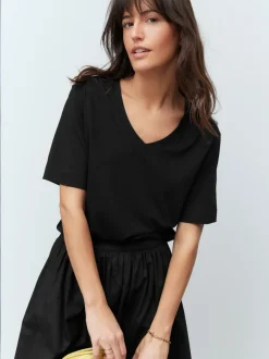 Noir - T-shirt Col en V souple en coton modal