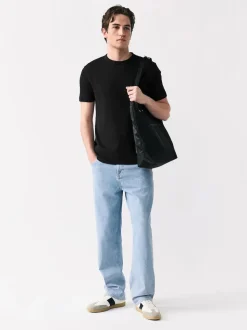 Noir - T-shirt ras du cou côtelé à manches courtes