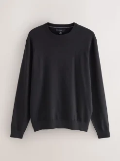 Noir - Uni - Pull col rond riche en coton coupe classique