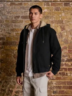 Noir - Veste à capuche en toile doublée de borg