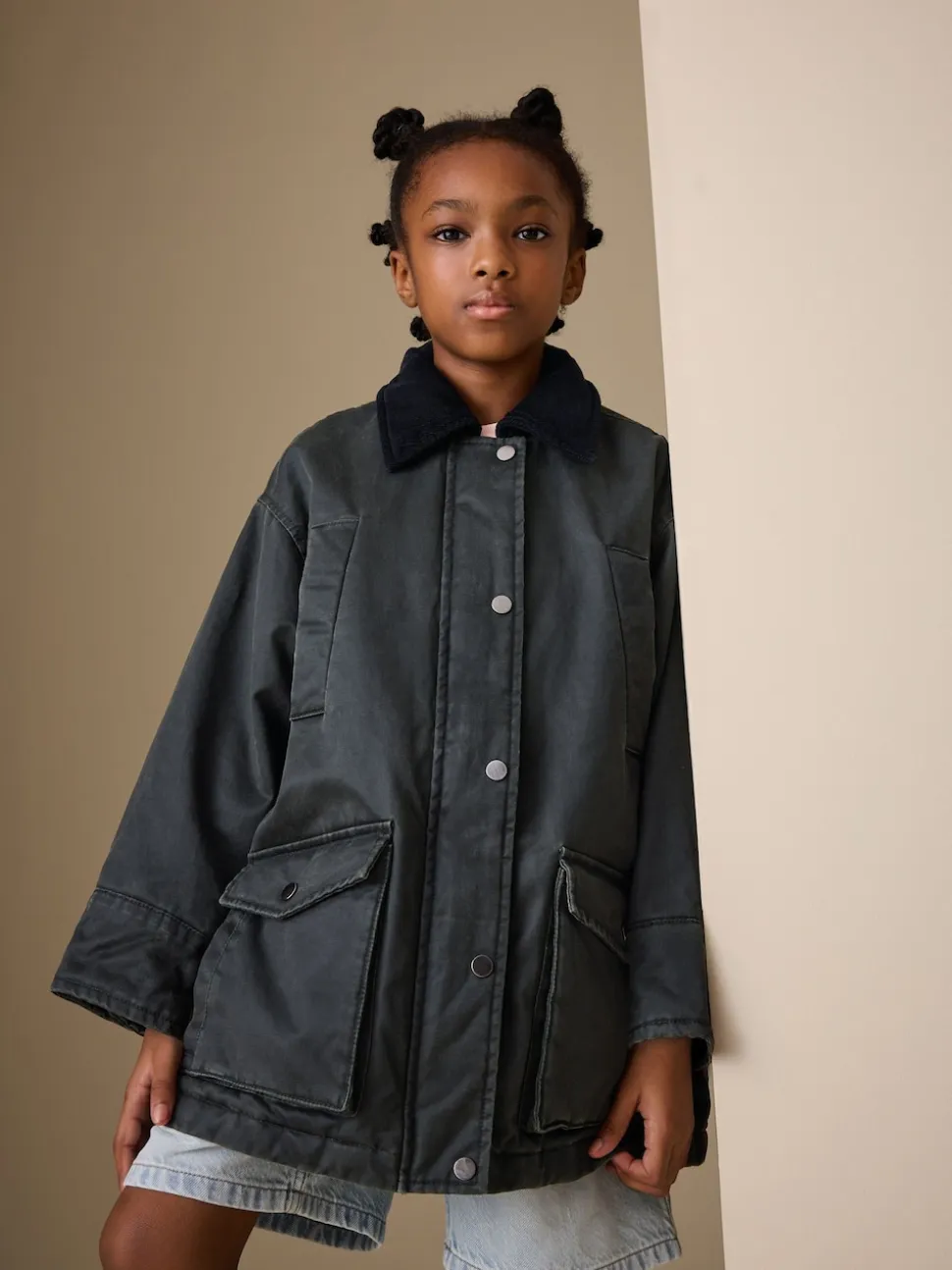 Noir - Veste cirée en fausse (5-14ans)