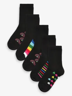 Noir arc-en-ciel - Paquet de 5 chaussettes d'école à cheville en coton riche semelle intérieure