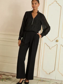 Noir en tissu dévoré - Chemisier Love & Roses zippé à manches longues sur le devant