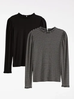 Noir et Rayure - Love & Roses haut en jersey à manches longues et col volanté