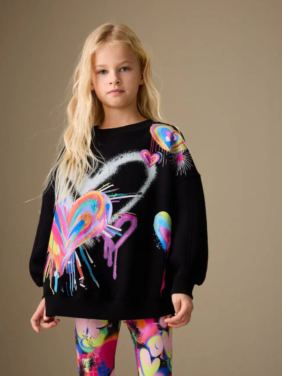 Noir Graffiti coeur - Ensemble Sweat-shirt et Leggings (3-16ans)
