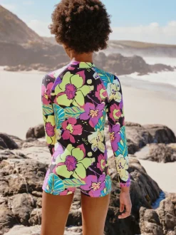 Noir imprimé tropical - Maillot de bain court une pièce (3-16ans)