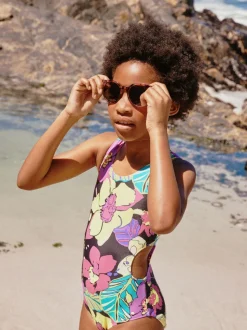 Noir imprimé tropical - Maillot de bain à découpes (3à16ans)