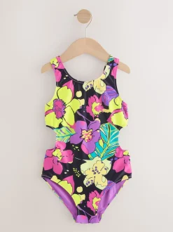 Noir imprimé tropical - Maillot de bain à découpes (3à16ans)