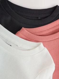 Noir/ rose/ blanc - Lot de 3 Hauts à manches longues côtelés (3-16ans)