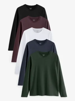 Noir/Blanc/Bleu marine/Vert/Rouge bordeaux - Ajustement régulier - T-shirt à coupe classique à manches longues en coton 100 %, lot de 5