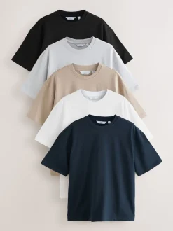 Noir/blanc/pierre/marine/gris - Lot de 5 t-shirts épais à coupe décontractée