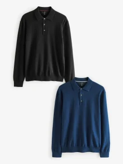 Noir/bleu marine - Manches longues Polos en tricot 2 Lot