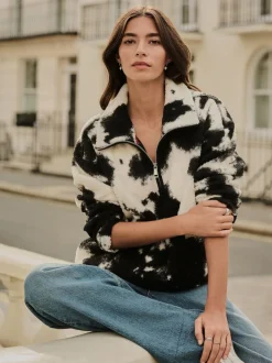 Noir/écru imprimé vache - Polaire douce en polaire en peau de mouton à col zippé