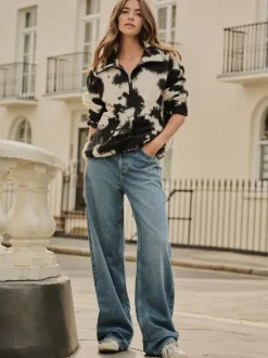 Noir/écru imprimé vache - Polaire douce en polaire en peau de mouton à col zippé