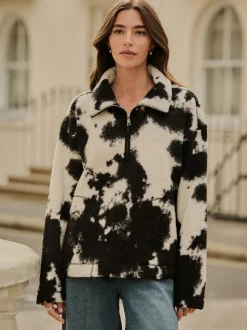 Noir/écru imprimé vache - Polaire douce en polaire en peau de mouton à col zippé