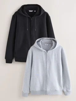 Noir/gris chiné - Lot de 2 sweats à capuche zippés en jersey épais coton riche