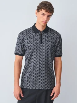 Noir/gris géométrique - Polo à motif quart de zip
