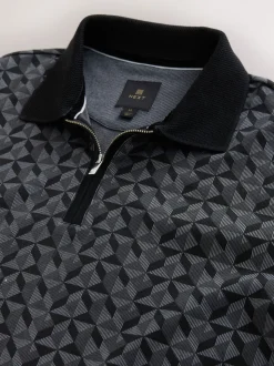 Noir/gris géométrique - Polo à motif quart de zip