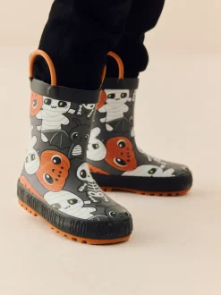 Noir/Orange Halloween - Bottes de pluie à poignée