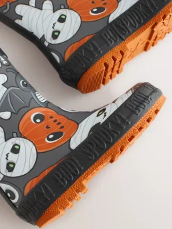 Noir/Orange Halloween - Bottes de pluie à poignée