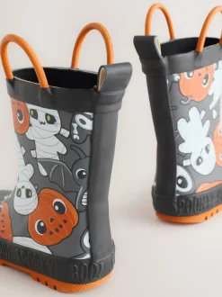 Noir/Orange Halloween - Bottes de pluie à poignée