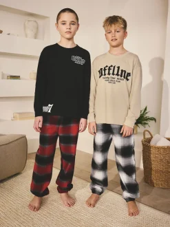 Noir/Rouge/Beige Sable Offline - Lot de 2 pyjamas en tissu à carreaux à manches longues (3-16ans)