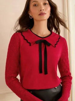 Nœud à liseré rouge - Pull Love & Roses col en maille