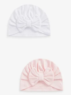 Nœud grandes Rose/Blanc - Lot de 2 turbans pour bébés (0-18mois)