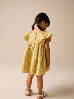Ocre jaune brodé - Robe à manches d'ange (3mths-8yrs)