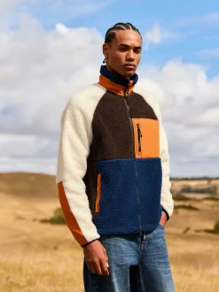 Ocre orange/écru neutre - Polaire color block à entonnoir zippée