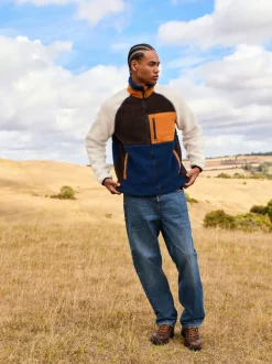 Ocre orange/écru neutre - Polaire color block à entonnoir zippée