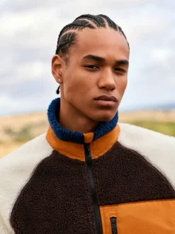 Ocre orange/écru neutre - Polaire color block à entonnoir zippée