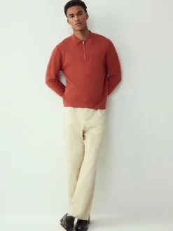 Orange brûlé - Col zippé - Polo N.premium en maille à manches longues haut de gamme à manches longues