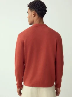 Orange brûlé - Col zippé - Polo N.premium en maille à manches longues haut de gamme à manches longues