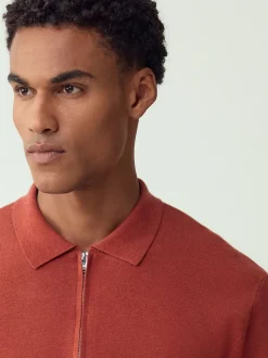 Orange brûlé - Col zippé - Polo N.premium en maille à manches longues haut de gamme à manches longues