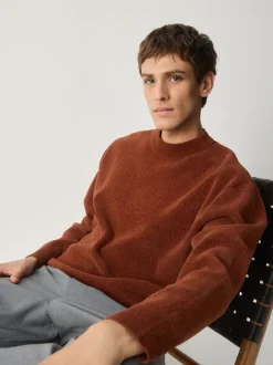 Orange brûlé - Pull col rond en chenille uni coupe décontractée