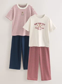 Ours à rayures bordeaux/Écru - Lot de 2 pyjamas à taille pliée douce (4-16ans)