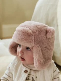 Ours rose en fausse fourrure - Chapeau de trappeur bébé (0mois-2ans)