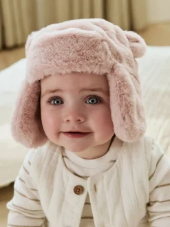 Ours rose en fausse fourrure - Chapeau de trappeur bébé (0mois-2ans)