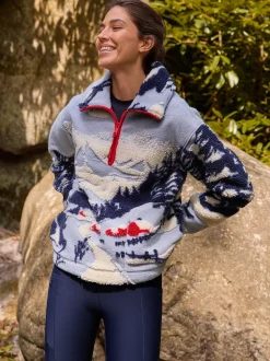 Paysage d’hiver bleu à imprimé graphique - Polaire douce en polaire en peau de mouton à col zippé