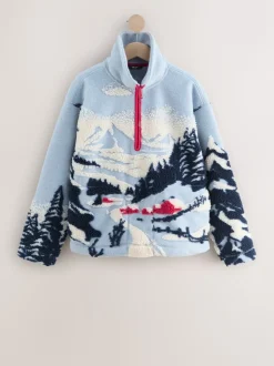 Paysage d’hiver bleu à imprimé graphique - Polaire douce en polaire en peau de mouton à col zippé
